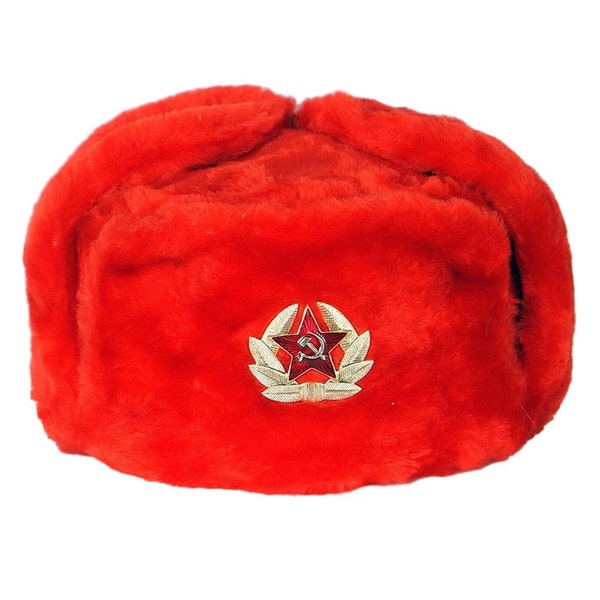 Russian Authentic Ushanka Red Military Hat W/ Soviet Red Army Badge