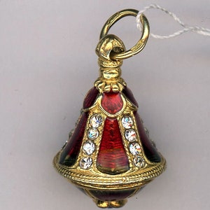 Russian Faux Faberge Egg Pendant Red and gold color in the shape of a Samovar and gem decor in gold offset lines  .925 Sterling