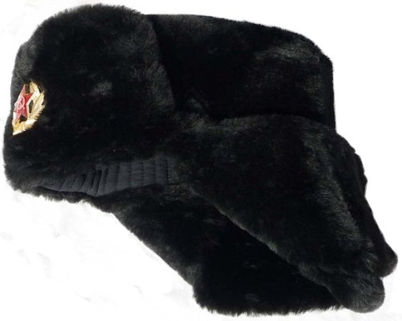 Authentic Russian Ushanka Military Hat Black w Soviet Red Army Badge Size Medium 58 cm