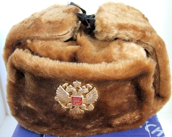 Authentic Russian Military Camel Brown KGB Ushanka Hat W/ Soviet