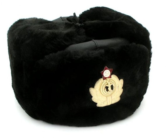 Genuine SOVIET USHANKA Hat Russian UdSSR Military Navy Officer Black Faux Fur