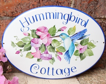 Blue Hummingbird House Sign, Personalized Name Sign for Outdoor, Custom Garden Sign