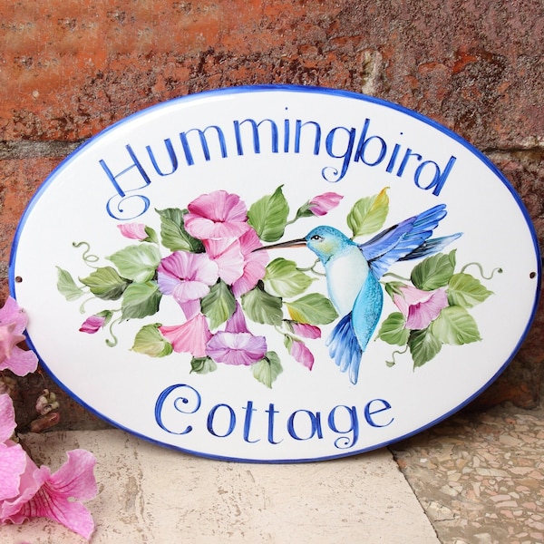 Blue Hummingbird House Sign, Personalized Name Sign for Outdoor, Custom Garden Sign