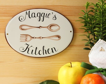 Personalized Kitchen sign with flatware, Ceramic oval plaque, kitchen wall decor, Personalized Grandma gift