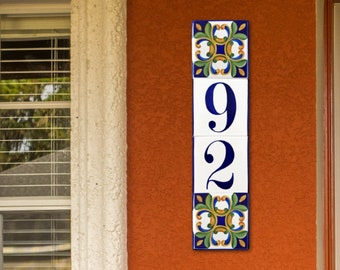 Custom Hand Painted Talavera Ceramic Tiles Vertical House Numbers, Outdoor Address Sign