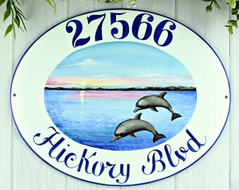 Dolphin sign for beach cottage, Ceramic House numbers, Coastal wall decor, Address plaque personalized