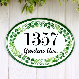 Hand Painted Green Leaves Ceramic Personalized House Numbers, Outdoor House Name Sign