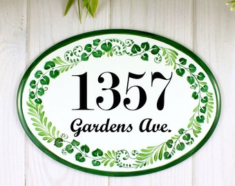 Hand Painted Green Leaves Ceramic Personalized House Numbers, Outdoor House Name Sign