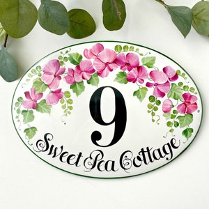 Pink flower address sign, Hand painted Ceramic House Number plaque, Personalized house sign, Cottage name sign for outdoor