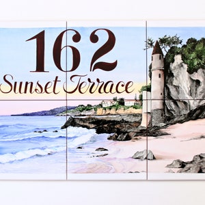 Custom ceramic tiles, Outdoor tiles mural art, Large house numbers, Wall decor tiles for beach house, Address tile image 1