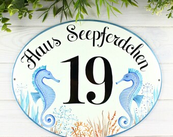 Custom address sign, House numbers, Ceramic address plaque for outdoor, Beach house sign with seahorse