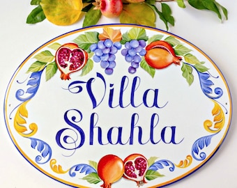 Ceramic House sign Personalized House name plaque, Last name sign, Custom sign for Villa with Pomegranate