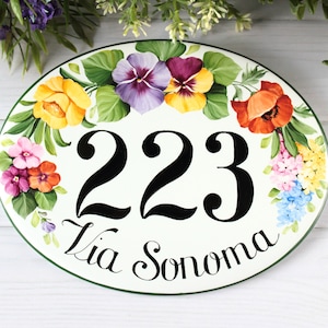 Flowers Custom House numbers address sign, Ceramic number tile for Outdoor, Address plaque welcome sign image 3