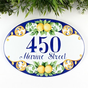 Numero civico in ceramica ovale con limoni in stile Positano, Targa con nomi e indirizzo dipinta a mano, Targa per la casa personalizzabile