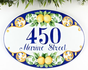 Custom Ceramic Lemon Address Sign, House numbers, Positano Tile, Ceramic Wall art