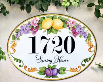 Ceramic house numbers with lemons and flowers, Custom address sign, House number plaque