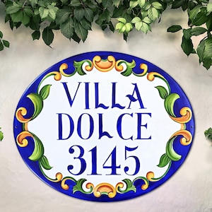 Blue Talavera House Sign Personalized Ceramic Address Numbers, Spanish House Name Sign Mediterranean Villa, Outdoor Home Decor