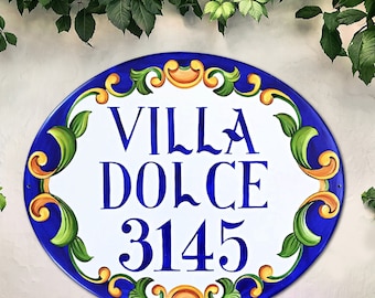 Blue Talavera House Sign Personalized Ceramic Address Numbers, Spanish House Name Sign Mediterranean Villa, Outdoor Home Decor