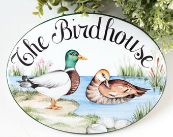 Custom cabin Sign with loom bird Ceramic house sign, Cottage Welcome sign for outdoor, Home sign customized