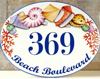 Personalized beach house numbers sign, Ceramic house sign, Shells decor, Address plaque for outdoor, Condo sign