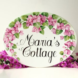 Bougainvillea custom house plaque, Address plaque, My happy place sign Ceramic house sign, Outdoor yard sign, Flowers cottage sign