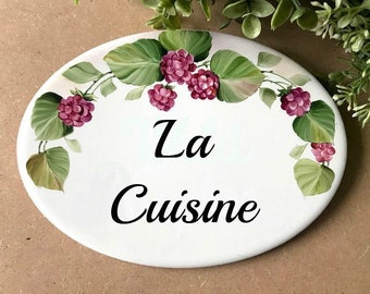 Personalized kitchen sign, Ceramic door plaque with custom name, fruits room signs, custom cottage sign with blackberries