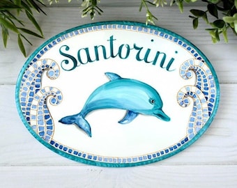 Dolphin house sign for beach cottage, Ceramic address plaque, Custom beach house sign, beach wall decor