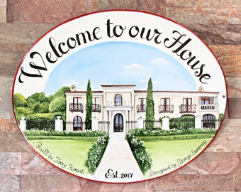 Welcome Sign for front door Custom house Portrait, Gift for neighbor, Ceramic house plaque, Housewarming gift