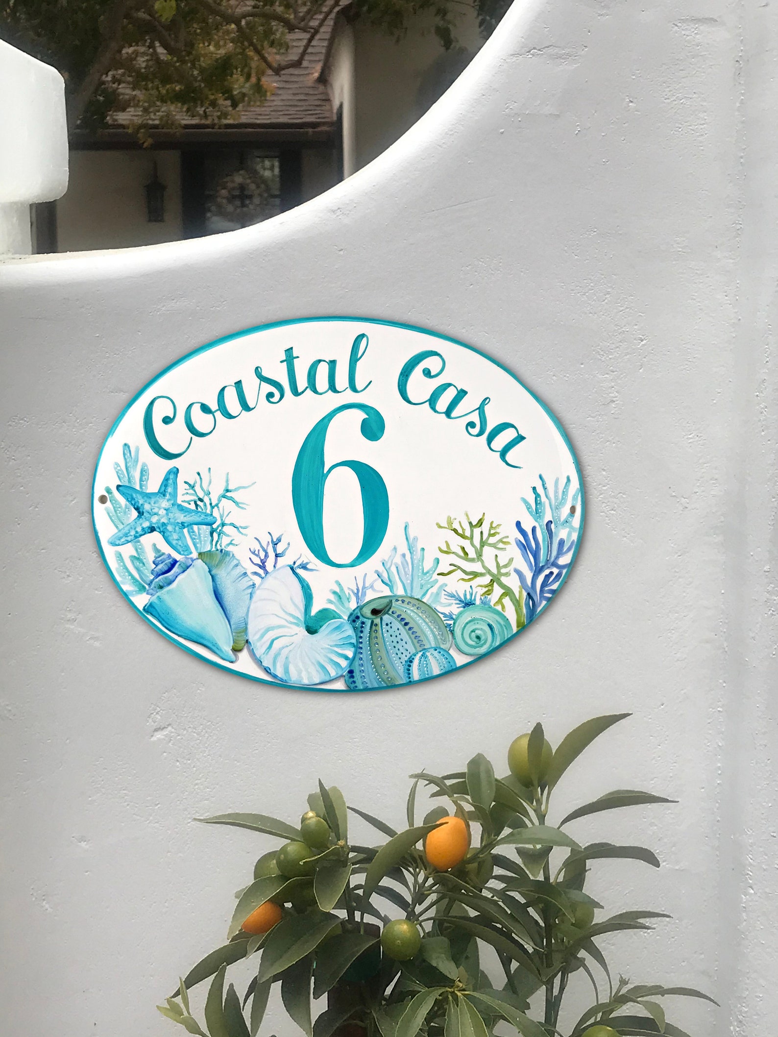 Coastal House Number Sign Personalized With Corals and Shells Etsy