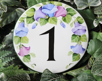 Round House number plaque, Address sign personalized, Ceramic house plaque outdoor, Blue Morning glory flowers