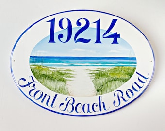 Custom beach house number sign Ceramic Address plaque, Outdoor beach decor sign Ocean view, Address numbers