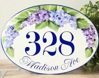 Custom Lilac Address plaque outdoor House number sign, Cottage address number sign ceramic