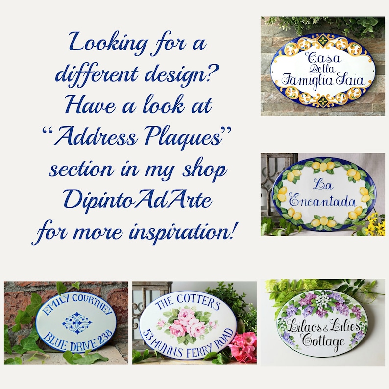May include: Five examples of hand-painted ceramic address plaques with blue and white designs. The plaques feature various designs, including flowers, lemons, and a family crest. The text on the plaques includes "Casa Della Famiglia Saia", "La Encantada", "Emily Courtney Blue Drive 238", "The Cotters 53 Munns Ferry Road", and "Lilacs & Lilies Cottage".