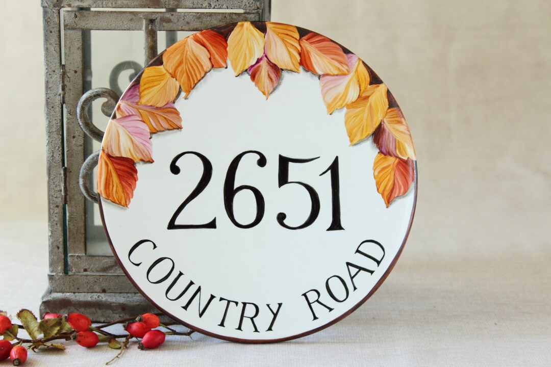 Round House Number Sign Front Door Sign With Fall Leaves Etsy