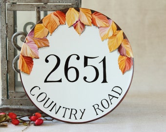 Round house number sign, Front door sign with fall leaves, Address sign with name,  Ceramic house plaque
