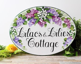 Lilacs Cottage House Sign | Personalized Ceramic Name Sign for Outdoor, Garden Plaque