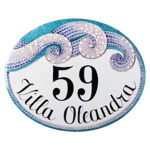 Placa de número residencial em mosaico azul, placa de endereço personalizada, decoração costeira, números residenciais em cerâmica.