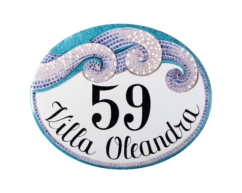 Ceramic house number sign hand-painted with teal and blue waves in mosaic style; the number is hand-painted in center and the address curved on bottom.