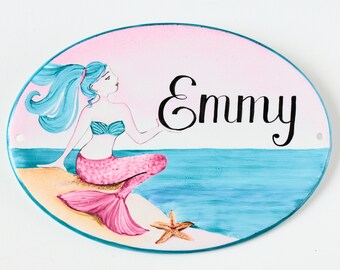 Baby name sign for girl, Personalized kids room sign, Pink mermaid Nursery decor, Door sign for bedroom