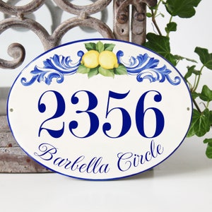 Numero civico ceramica blu con limoni, Targa per esterno casa con nomi