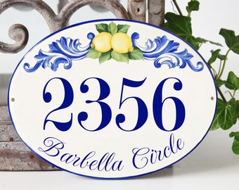 Personalized  House Numbers Ceramic Address Tile Hand Painted, Mediterranean Lemons Decor, Outdoor Family Name Sign