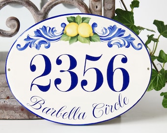 Personalized  House Numbers Ceramic Address Tile Hand Painted, Mediterranean Lemons Decor, Outdoor Family Name Sign