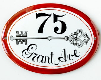 Outdoor house number, Address sign ceramic, Personalized house plaque with key, Gift for new home