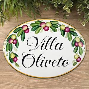 Custom Ceramic House Plaque with Olives, Family Name Sign Personalized, Outdoor Villa Sign, Mediterranean Decor