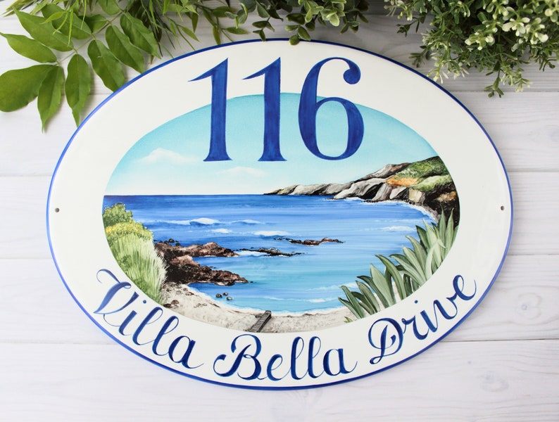Targa ceramica personalizzata per villa al mare , paesaggio marino, Targa per la casa dipinta a mano, Numero civico con indirizzo immagine 3