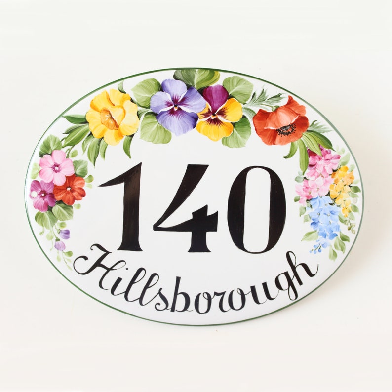 Flowers Custom House numbers address sign, Ceramic number tile for Outdoor, Address plaque welcome sign image 1