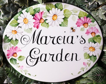 Outdoor wall hanging garden sign, Personalized ceramic plaque, Welcome house sign, Custom yard sign, Daisy garden decor