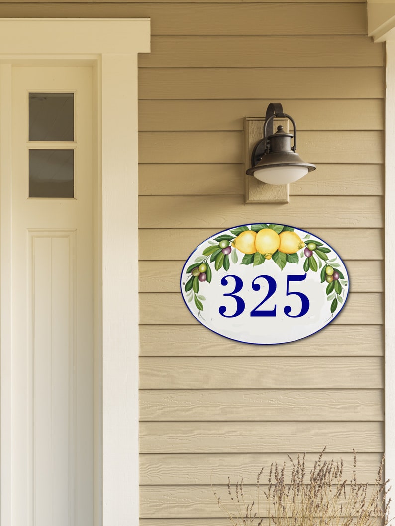 Custom outdoor sign with lemons and olives, Personalized house name sign Ceramic image 3