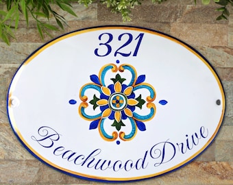 Targa in ceramica personalizzata con numero civico e indirizzo, Targa per la casa dipinta a mano, stile mediterraneo