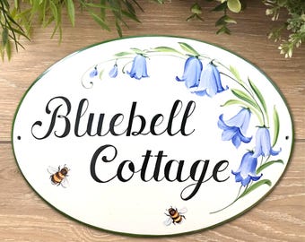 Bluebell cottage sign Ceramic house plaque personalized with names, gift for the home